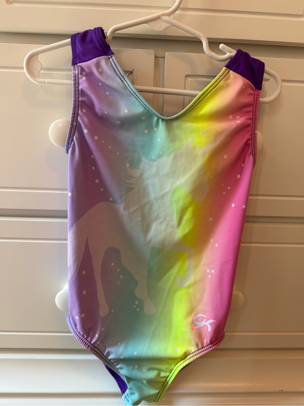 Girls GK gymnastics leotard unicorn rainbow pink purple size child small